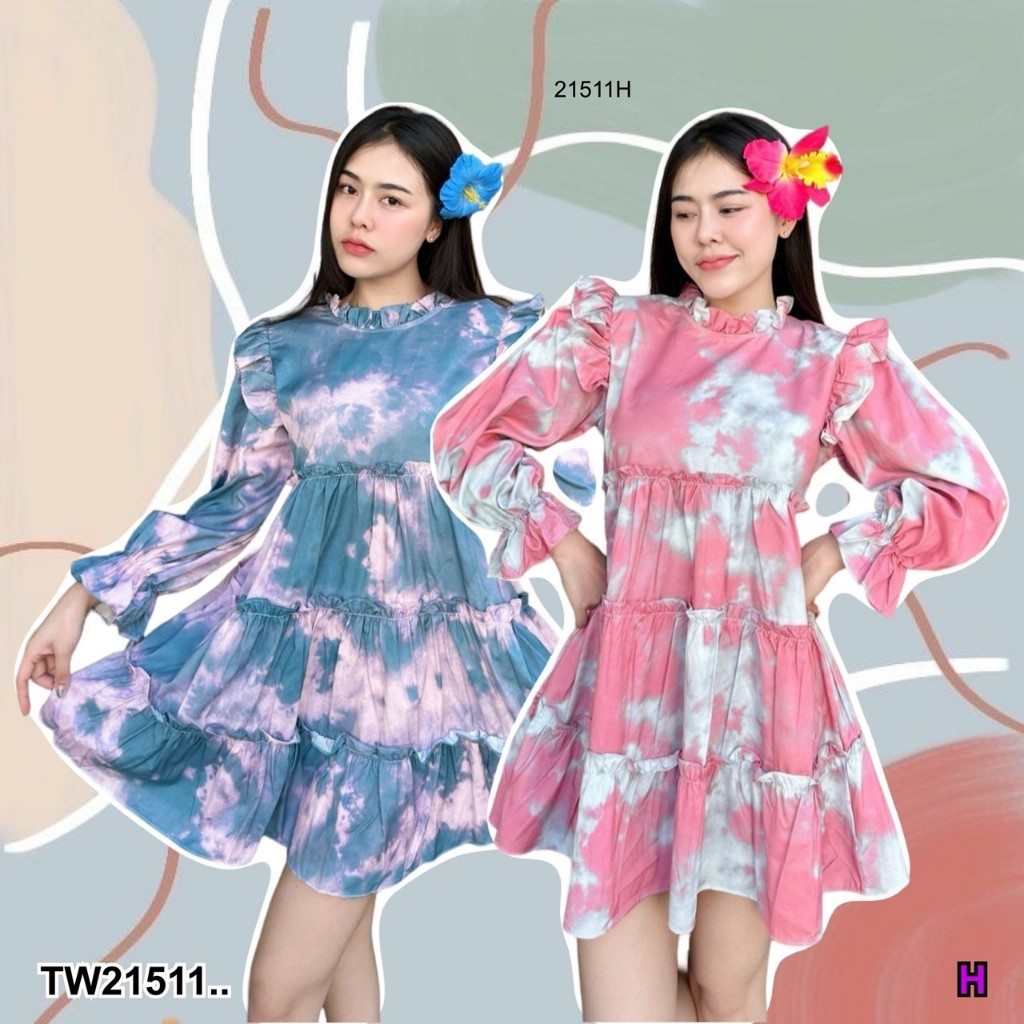 CS21511 เดรสคอระบายลายหินอ่อนกระโปรงระบาย 3 ชั้น
