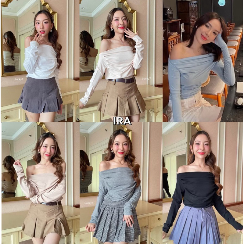 BY IRA (778) Jinny off shoulder top ครอป เปิดไหล่ แขนยาว สไตล์ฝรั่ง