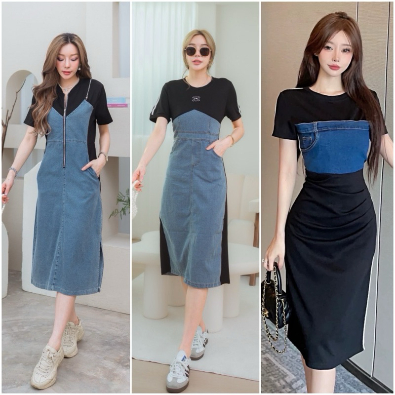 เดรสกระโปรงยีนส์ ผ้าทูโทนสลับยีนส์ S-5XL