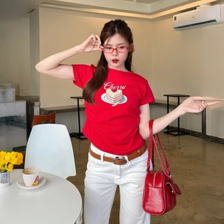🌈SpinnyHouse🌈เสื้อยืดคอกลมแขนสั้น ผ้ายืดยูนิ แต่งจั๊มข้าง สกรีนลายเค้กน่ารัก 🎀สาวอวบใส่ได้ รุ่น จั๊มข้างเค้ก