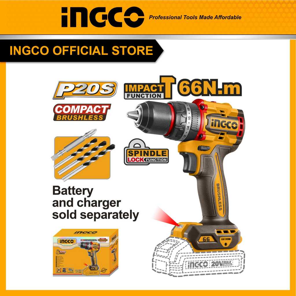 INGCO สว่านกระแทกไร้สาย 20V 66Nm (เครื่องเปล่า) CIDLI206681