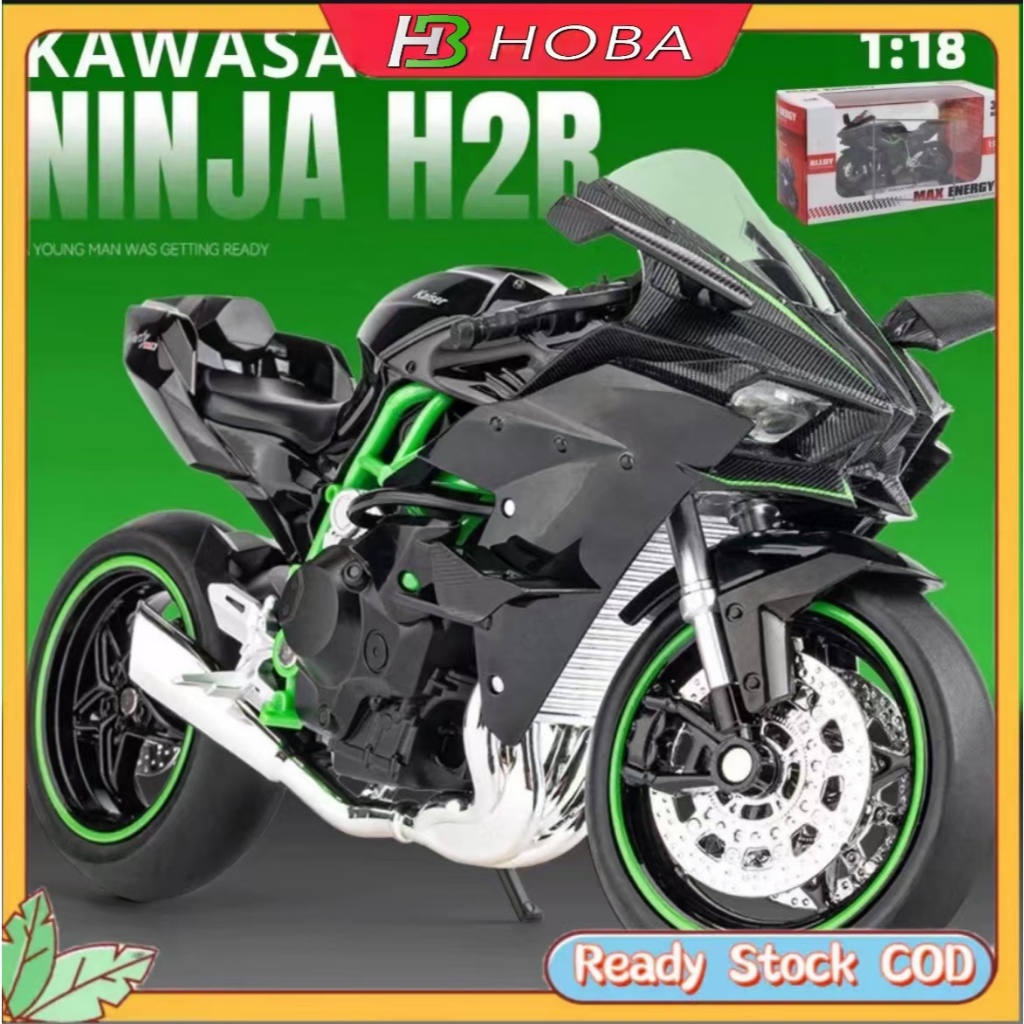HOBA  โมเดลรถจักรยานยนต์ Kawasaki กันกระแทก ของเล่นสําหรับเด็ก H2R รถจักรยานยนต์โมเดลรถจักรยานยนต์ 1:10