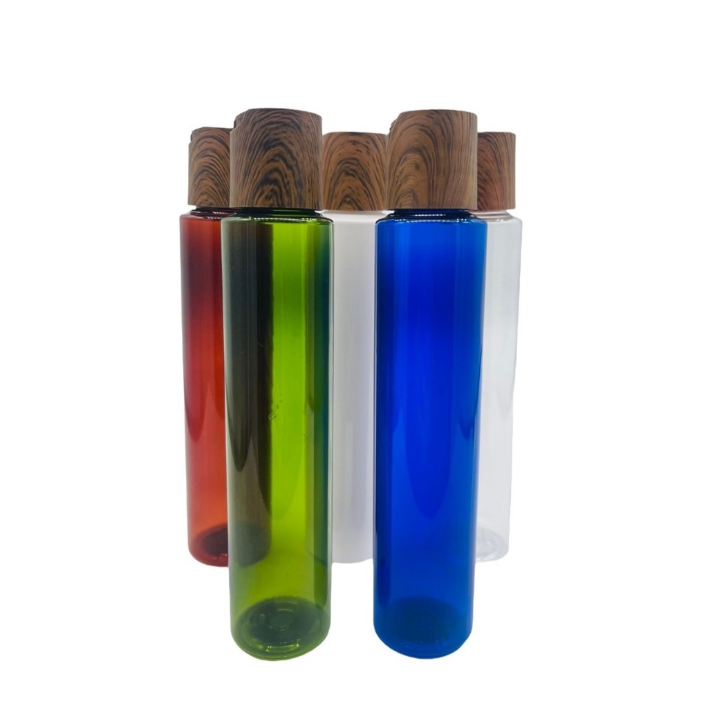 ขวด SA ฝาเพรสลายไม้ สีชา สีเขียว สีน้ำเงิน สีขาว สีใส 100ml.