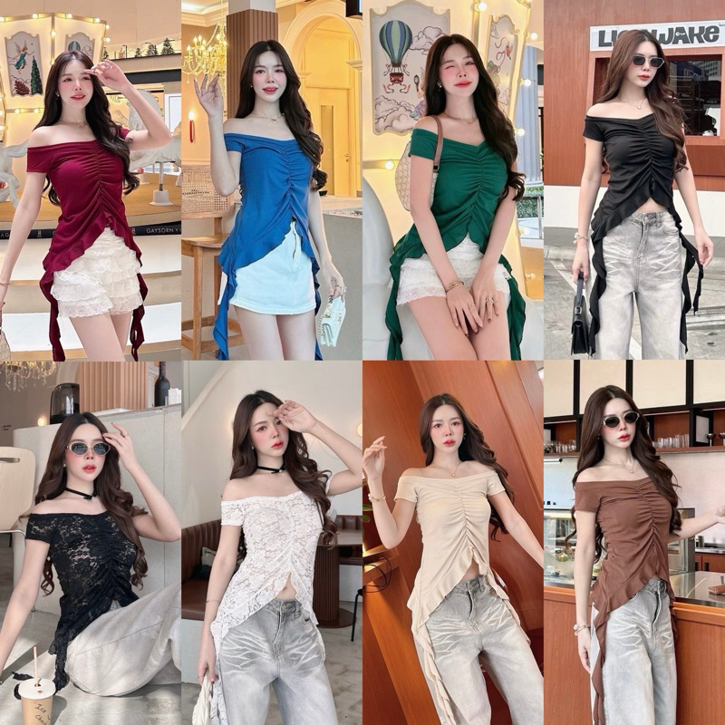 Teera❤️พร้อมส่ง✨KIKI TOP🥨เสื้อทรงเปิดไหล่ปิดแขนระบายแมงกระพรุนใส่มาดูอำพลางหุ่น ผ่า2 ข้าง แบบ พส.จีน sheeny