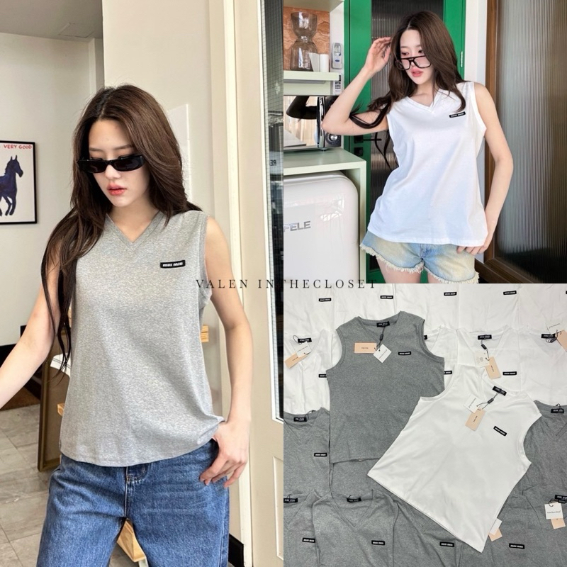 VALEN MM tank top 🔖🐰เสื้อกล้ามแขนกุด คอวี ดีเทลโลโก้แบรนด์ที่อก ยืดหยุ่น ใส่สบาย