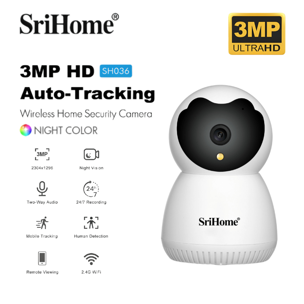 SriHome กล้องวงจรปิดไร้สาย Camera WiFI FHD 3MP+ หมุนได้ 360°+โหมดกลางคืนเต็มสี+เสียงสองทิศทาง
