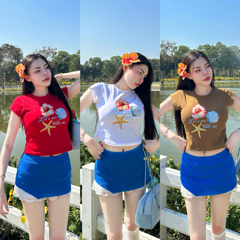 เสื้อเบบี้ที สกรีนลายซัมเมอร์ ผ้ายืดยูนิ 💖ใส่เที่ยว เสื้อใส่ไปทะเล ไปคาเฟ่ BABYTEE รุ่น เนสท์เล่Let's sea