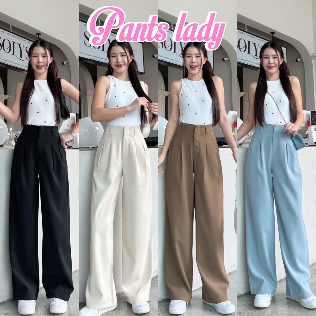 PT34 กางเกงเอวสูง ขอบในตัว แต่งจีบหน้า กางเกงทรงกระบอก กลาง ผู้หญิง สวยมาก