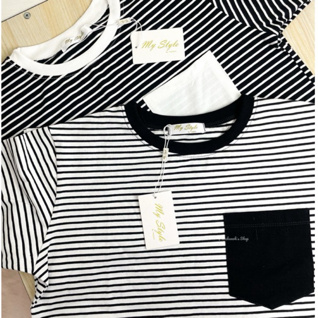 MS119เสื้อยืดคอกลมลายริ้วกระเป๋าหน้า อกใหญ่ 39-48 นิ้ว ผ้าคอตตอนยูนิ Clothing - Women