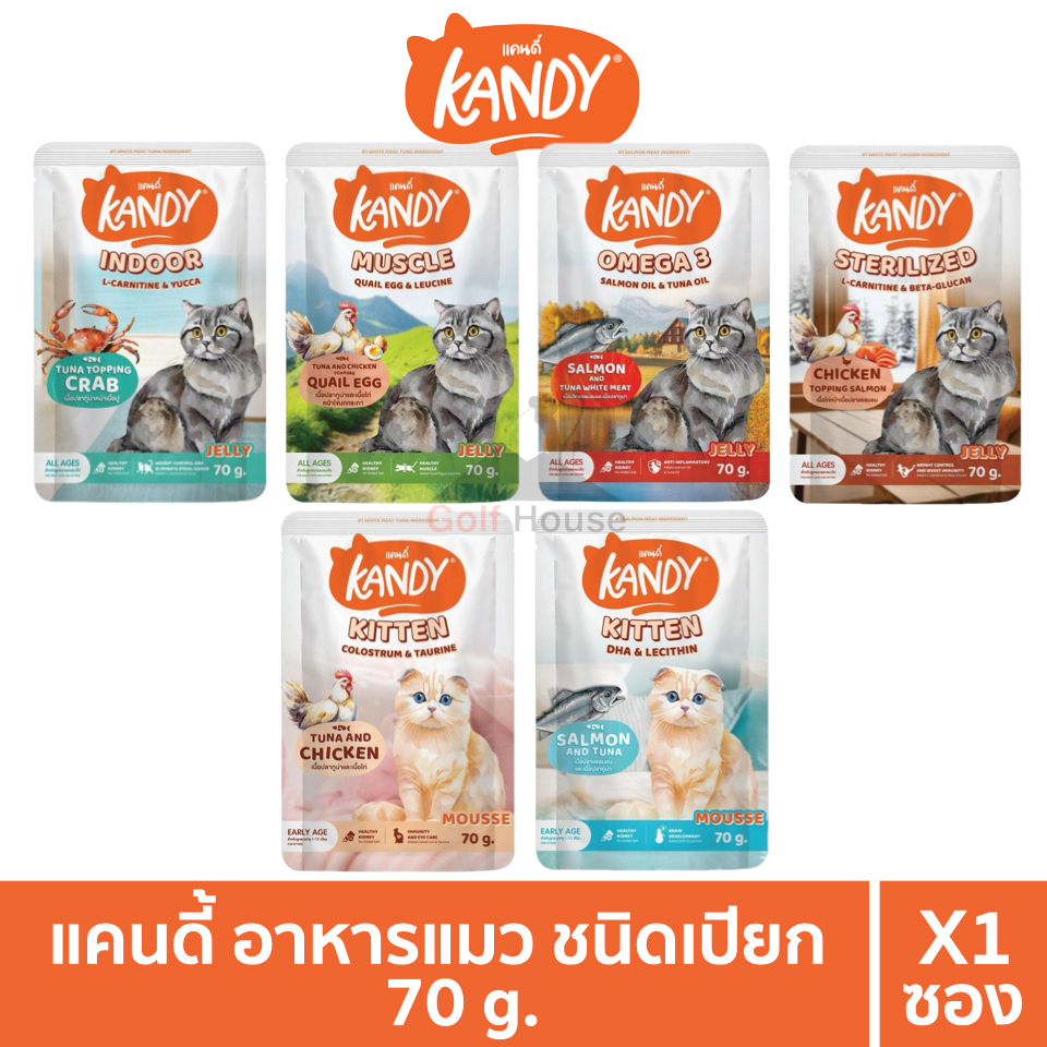 แคนดี้ อาหารแมว ชนิดเปียก ขนาด 70 g/ซอง สําหรับแมวอายุ 2 เดือนขึ้นไป มี 10 สูตรให้เลือก (มีครบทุกสูตร)