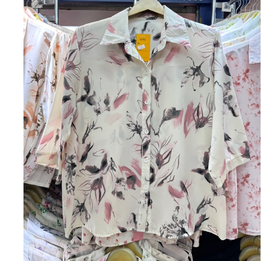 BMD6066เสื้อไหมอิตาลี คอปก กระดุมหน้า ฟรีไฃส์34''-44''ผ้าไหมพิมพ์ลายดอก เนื้อผ้านิ่ม ดีไฃน์สวย งานเย