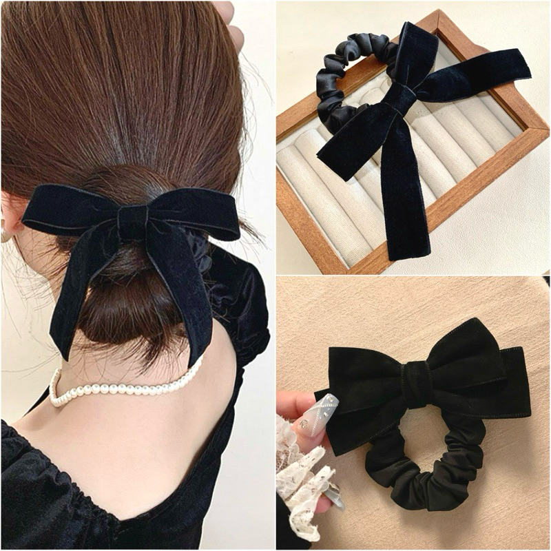 !!พร้อมส่งในไทย!! ยางรัดผมผ้ากำมะหยี่ Short Velvet  Band สีดำทรงเรียบขนาด 10 cm. / ยางรัดผมแฟชั่น