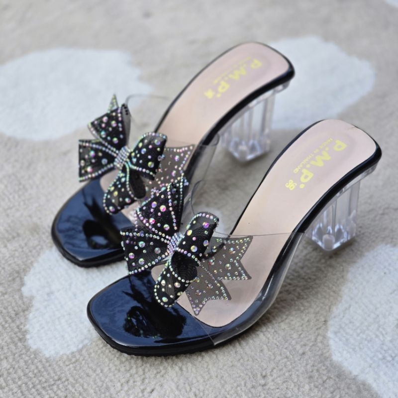 💕OHODOODEE 💕รองเท้าส้นแก้วสูงตันสูง 3 นิ้ว โบว์วิบวับ ( โบว์ PMP ) - รูปที่ 6