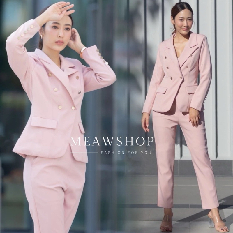 เสื้อสูท+กางเกงขายาว เสื้อคอสูท ผ้าเรียบกระดุมทอง6เม็ด 💓 สีนู๊ด 💓🌟งานป้าย  BRAND: Jariya🌟🛍️มือสอง🌟🛍️