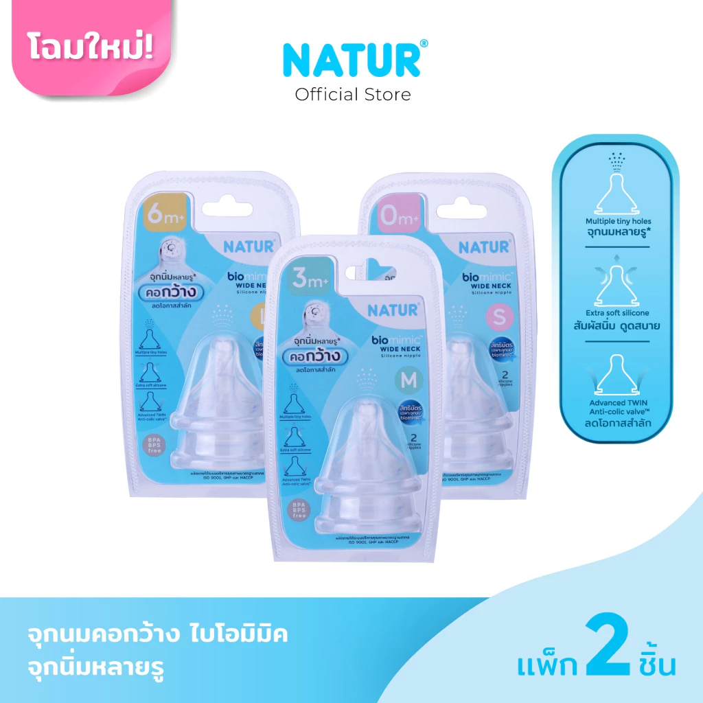 [New] NATUR เนเจอร์ จุกนม จุกนมเด็ก จุกนมซิลิโคน จุกนมคอกว้าง ไบโอมิมิค ไซซ์ S/M/L แพ็ก 2