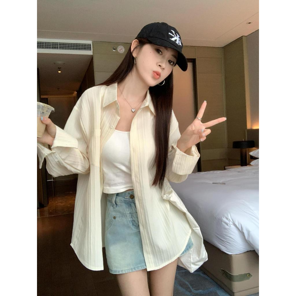 เสื้อเชิ้ตฝรั่งเศส เสื้อเชิ้ตผู้หญิง แขนยาว สีพื้น ทรงหลวม ใช้เป็นเสื้อกันแดดได้