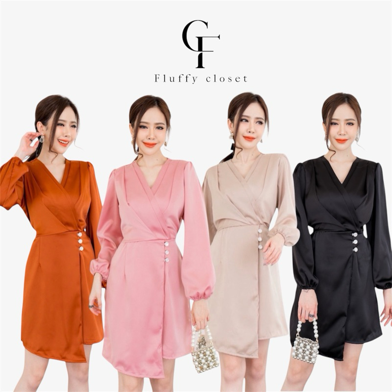 Milada dress เดรสจีบบ่าซาติน แต่งกระดุม ผ้าซาติน งานป้าย VERA