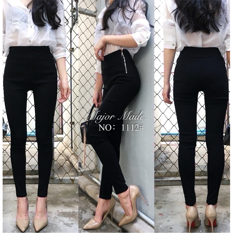 1112 กางเกงเนื้อสกินนี่ ซิปข้าง เอวสูง ผ้ายืด