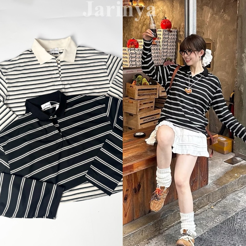 💫พร้อมส่ง💫Jarinya Stripe basic polo สไตล์นี้มาแรงที่สุดในซีซั่น เสื้อคอปกโปโล แขนยายลายริ้ว สีเบสิค ผ้าคอทตอนใส่สบาย