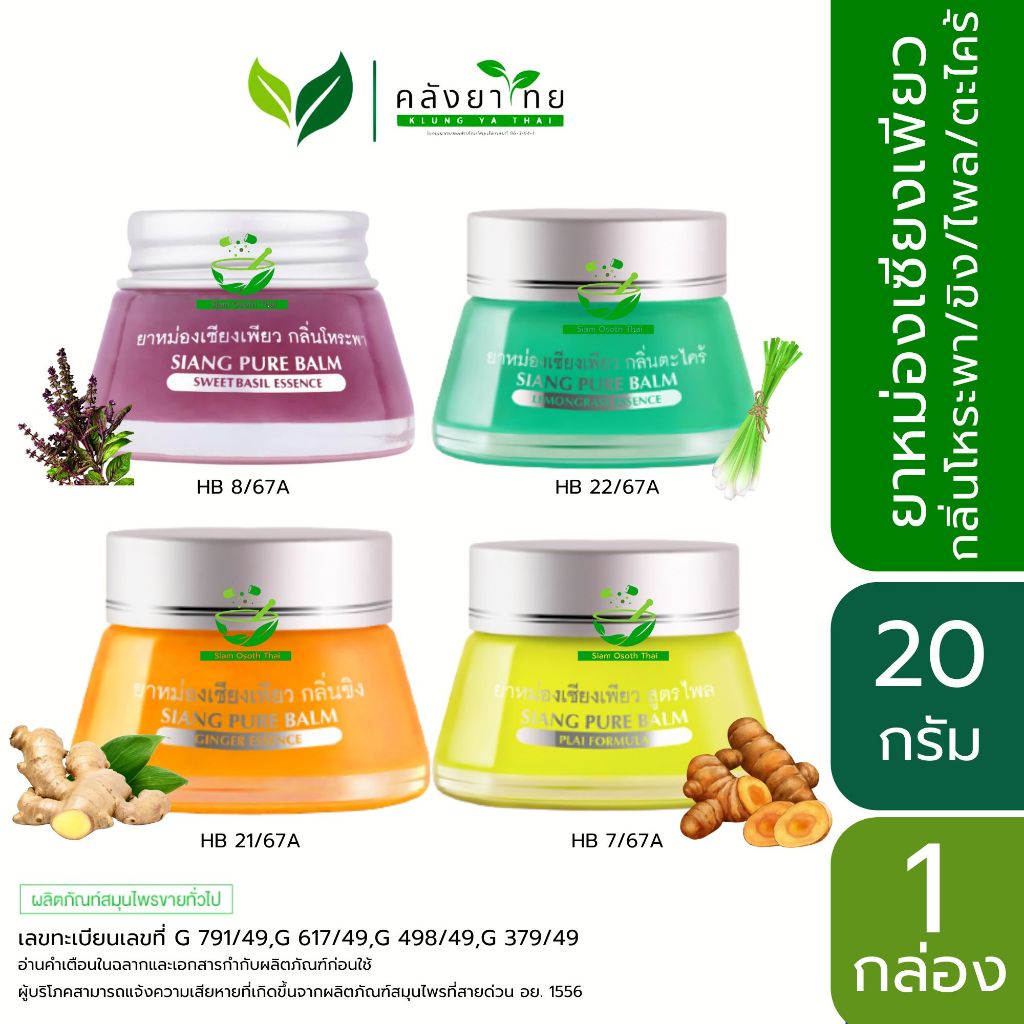 [1 กล่อง] Siangpure Balm ยาหม่องเซียงเพียว กลิ่นตะไคร้ ไพล โหระพา ขิง ขนาด 20 กรัม  พร้อมส่ง