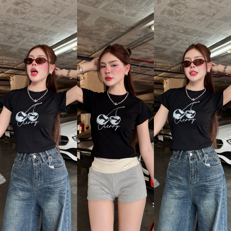 เสื้อเบบี้ที เสื้อครอป BABYTEE สกรีนลายเชอร์รี่เงิน 🍒 สินค้าพร้อมส่ง สกรีนแน่นๆ ทรงสวยใส่แล้วผิม รุ่