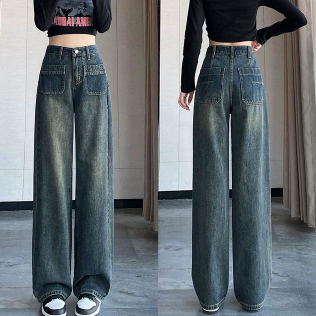 กางเกงยีนส์ยาวเอวสูง SIZE S-14XL ทรงกระบอก แต่งกระเป๋าสี่เหลี่ยม สีกรมแต่งเฟด