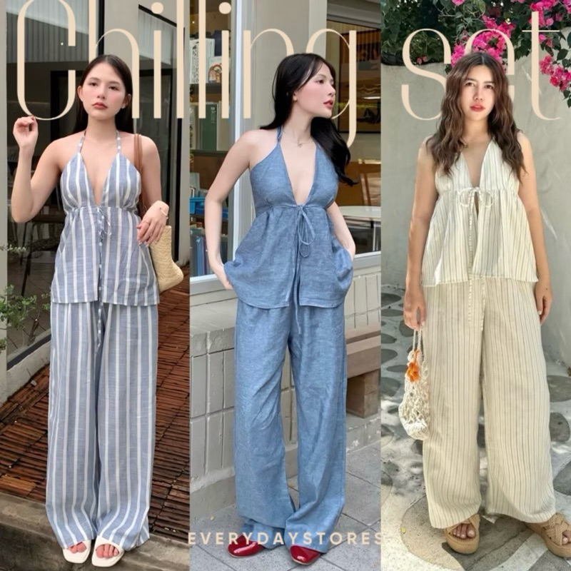 𝐂𝐇𝐈𝐋𝐋𝐈𝐍𝐆 𝐒𝐄𝐓 ชุดเซตสายเดี่ยวผ้าลินิน+กางเกงสม็อคหลัง Chilling set (โรงงานผ้าที่ไทยร้านผลิตเอง)