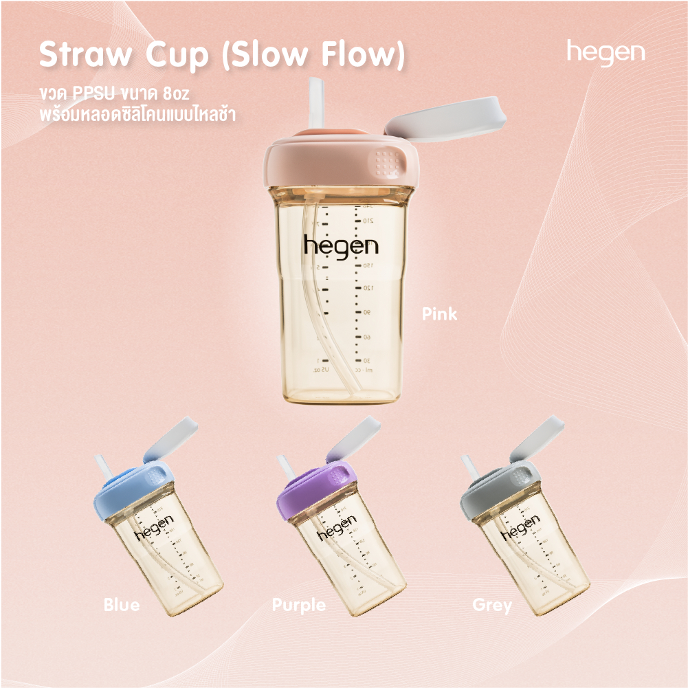 Hegen Straw cup (Slow Flow) 240ml/8oz ขวดหัดดื่มพร้อมหลอด ขนาด 8ออนซ์/240มล. สำหรับ 6 เดือน+