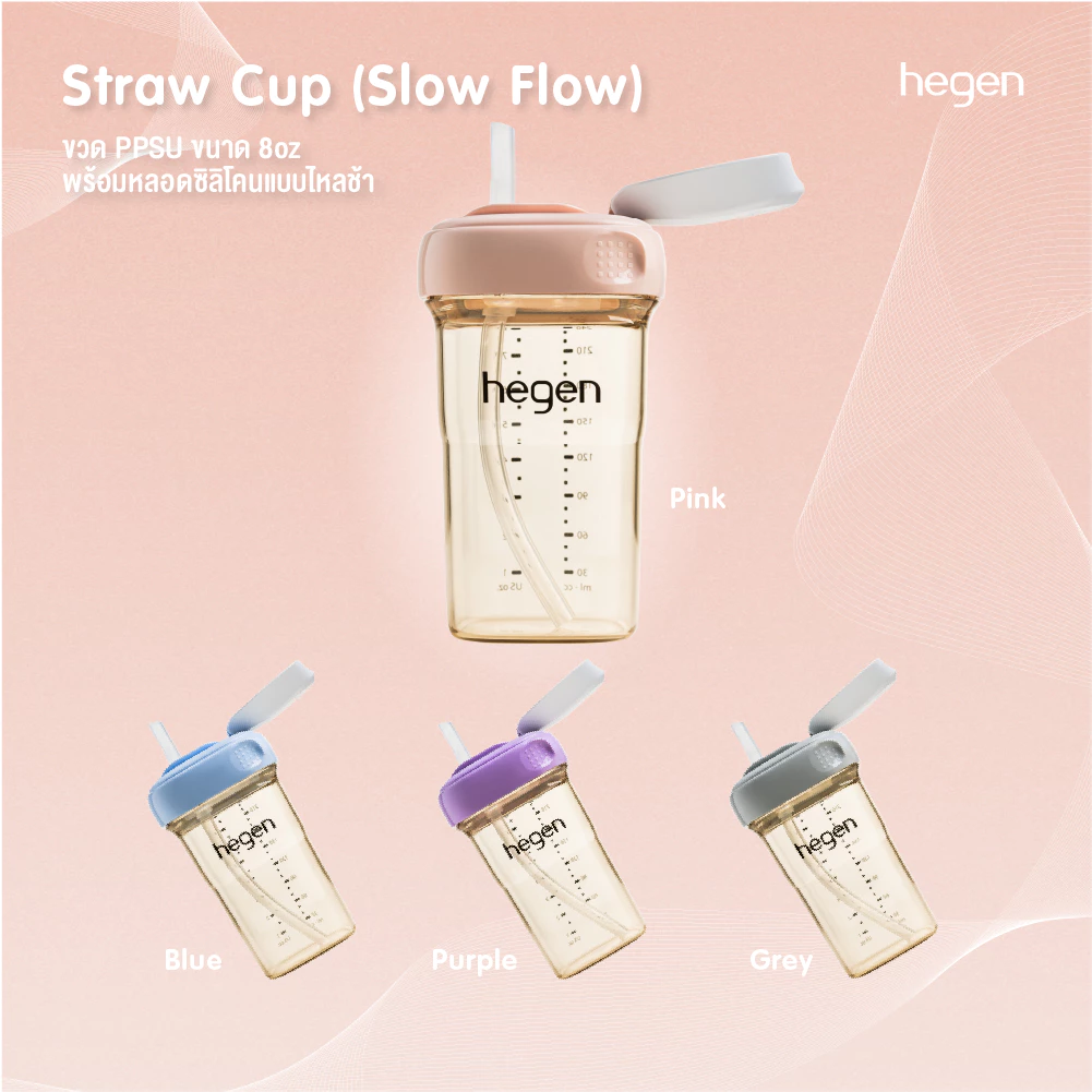 Hegen Straw cup (Slow Flow) 240ml/8oz ขวดหัดดื่มพร้อมหลอด ขนาด 8ออนซ์/240มล. สำหรับ 6 เดือน+