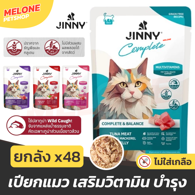 [ยกลัง ] JINNY อาหารเปียกแมว จินนี่ สูตร Complete & Balanced เสริม วิตามิน บำรุง ไม่เติมเกลือ 70 กรัม 48 ซอง