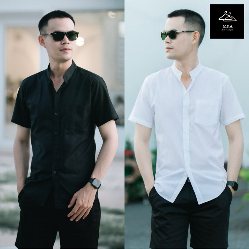 เสื้อเชิ้ตคอจีนแขนสั้นผู้ชาย M&A LIFE STYLE (Cotton Oxford) คอดตอน ออกฟอร์ด Man Clothing Shirt