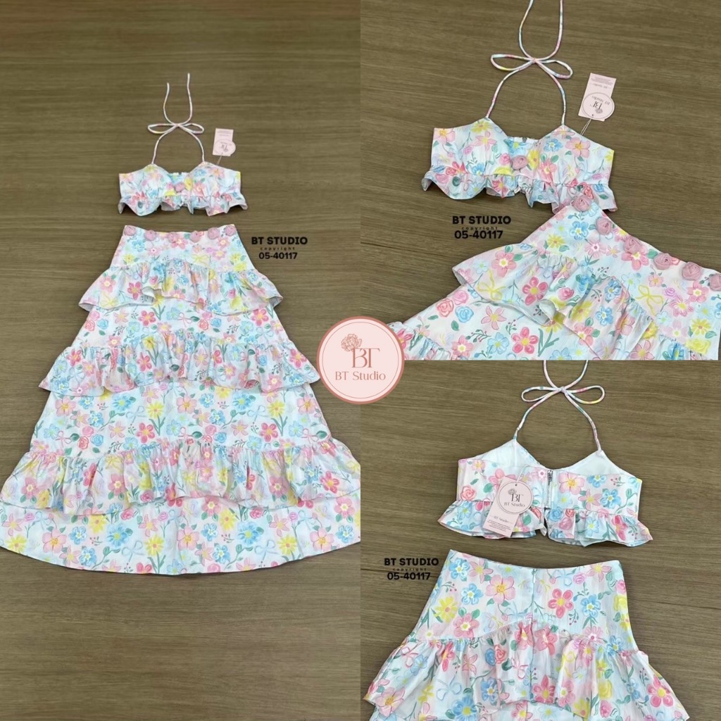 BT 05-40117 ชุดเซทเสื้อตัวสั้นสายคล้องคออกเสริมฟองน้ำ ดีเทลแต่งผ้าลายดอกไม้ชายแต่งระบายซิปหลัง มาพร้