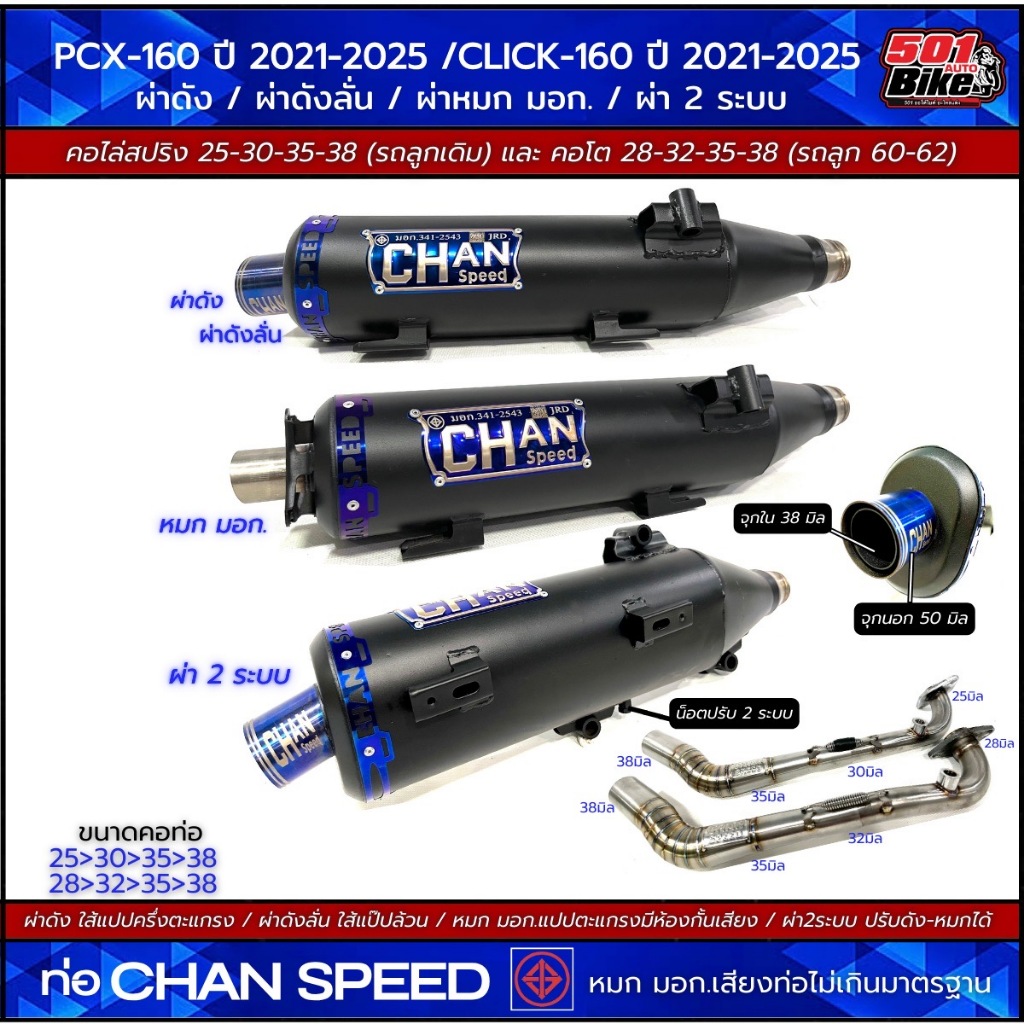 ท่อผ่าชาญสปีด PCX-160 2021-2025/CLICK-160ปี2021-2025 CHAN SPEED คอไล่สปริง 25-38และ28-38มิล มี มอก.