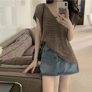 พร้อมส่งในไทย เสื้อตาข่ายคอวี แขนกว้าง ผ้าตาข่ายใส่หน้าร้อน เสื้อไปทะเล Y193