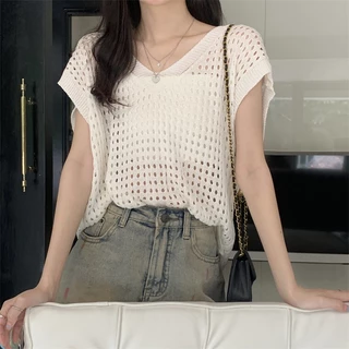 พร้อมส่งในไทย เสื้อตาข่ายคอวี แขนกว้าง ผ้าตาข่ายใส่หน้าร้อน เสื้อไปทะเล Y193