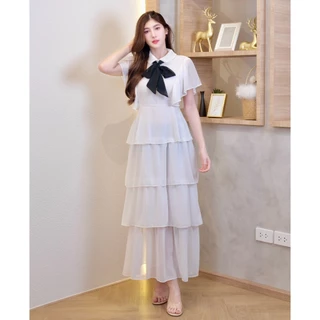 เดรสยาวผ้าซีฟองคอปกแขนระบายโบว์หน้าแต่งระบายชั้นๆซิปหลังพร้อมสายผูกเอว A5722