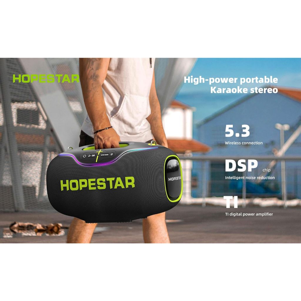 Hopestar A80 ลำโพงบลูทูธ 350วัตต์ พร้อมไมค์ลอย1อัน ลำโพง6ดอก มีไฟRGB ปรับเบส3โหมด  IPX6 ของแท้100%