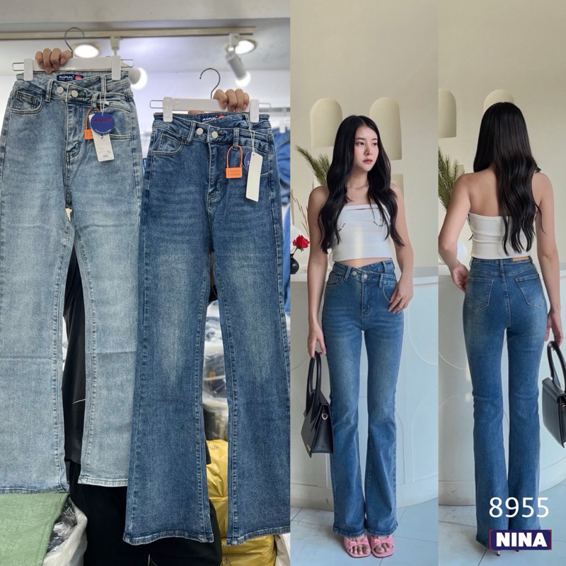 งานกางเกงยีนส์ผ้ายืด ขาม้าผ้าเนื้อดี เก็บทรง เป๊ะ ปลายขาเย็บ แต่งขอบเอวไขว้ สวยๆเลย งานเอวสูง เก็บพุง เก็บสะโพก ใส่แล้ว