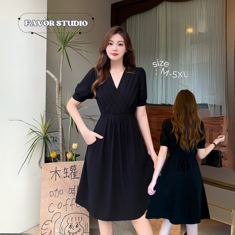 [M-4XL] ชุดเดรสพลัสไซซ์ คอวี เรียบหรู มีเชือกผูกด้านหลัง ปิดหน้าท้อง ช่วยให้ดูเพรียวขึ้น เหมาะสำหรับสาวอวบ ชุดใส่ทำงาน