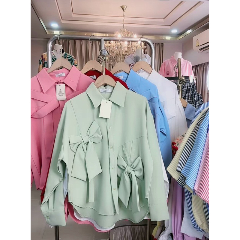 (อก 50“) เสื้อเชิ้ตแขนยาว (สีพื้น) โบว์คู่หน้า (ผ้า Crepe รูปที่ 3