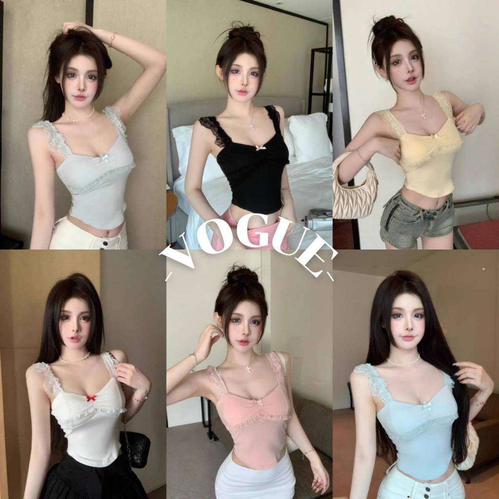 Vogue🌟พร้อมส่ง🌟 เสื้อกล้าม มีฟองน้ำ ดีเทลขอบระบาย ติดโบว์ สีพาสเทล (FYL264)