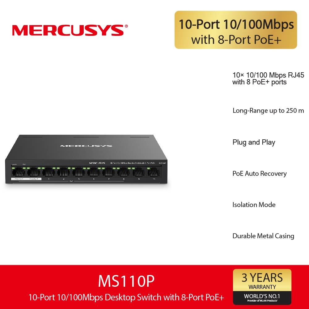 Mercusys MS110P 10-Port 10/100Mbps Desktop Switch with 8-Port PoE+