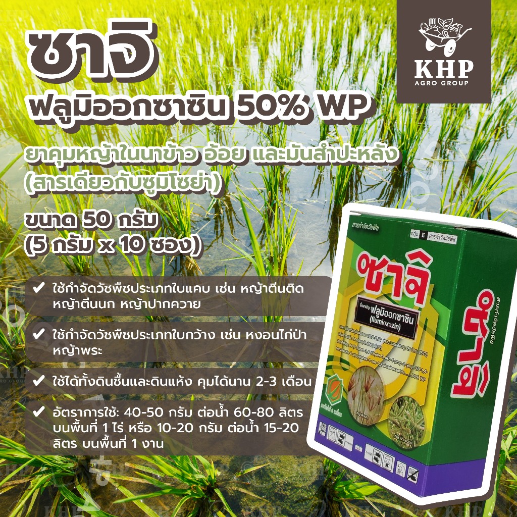 ซาจิ (ฟลูมิออกซาซิน 50% WP) ยาคุมหญ้าในนาข้าว อ้อย และมันสำปะหลัง ได้ทั้งดินชื้นและดินแห้ง ตัวเดียวกับ ซูมิโซย่า 50 กรัม