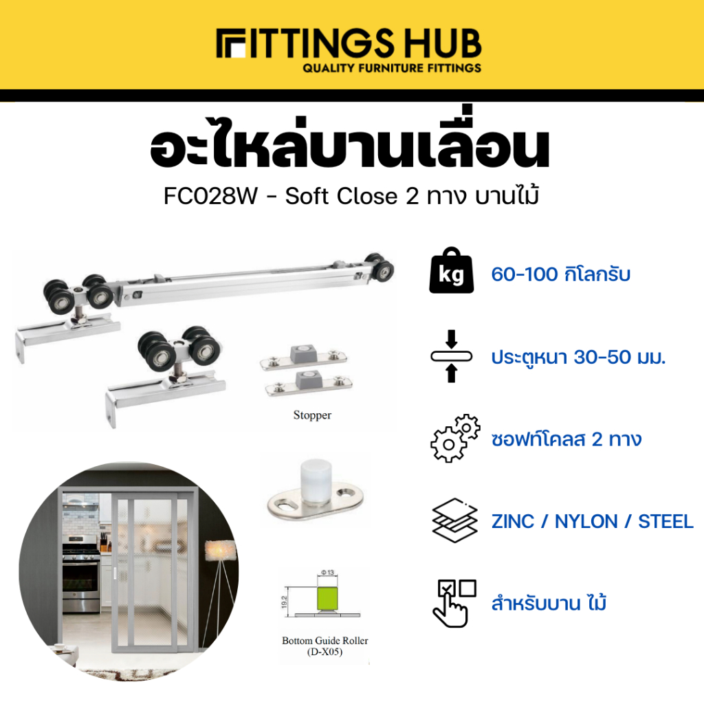 อะไหล่บานเลื่อน Soft Close สองทาง / Soft Close + กดกระเด้ง 80 กิโล-Fittingshub