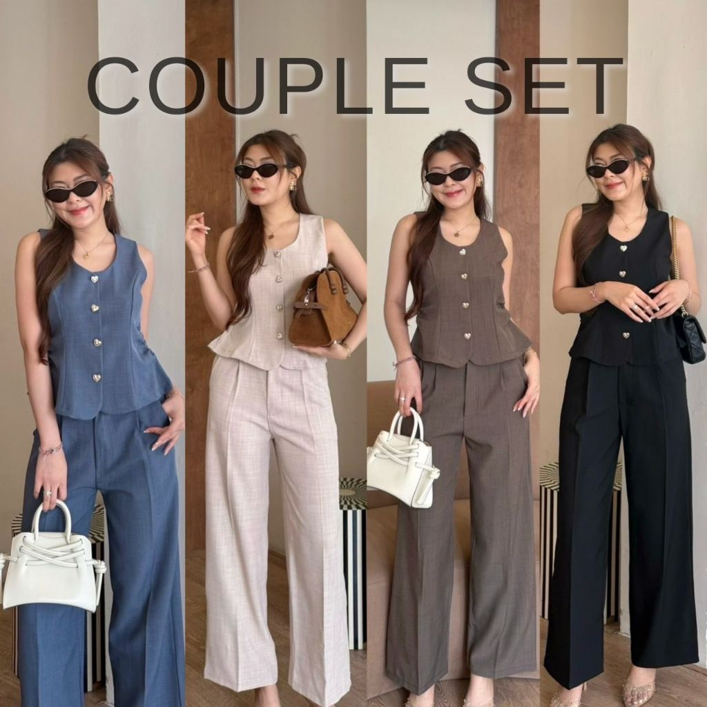Couple Set : ชุดเซ็ต 2 ชิ้นขายาว เสื้อแขนกุด/กล้าม แต่งกระดุมหัวใจ ชุดเซ็ตขายาวงานเรียบ เท่  S-M ป้าย BETTY. (B006)