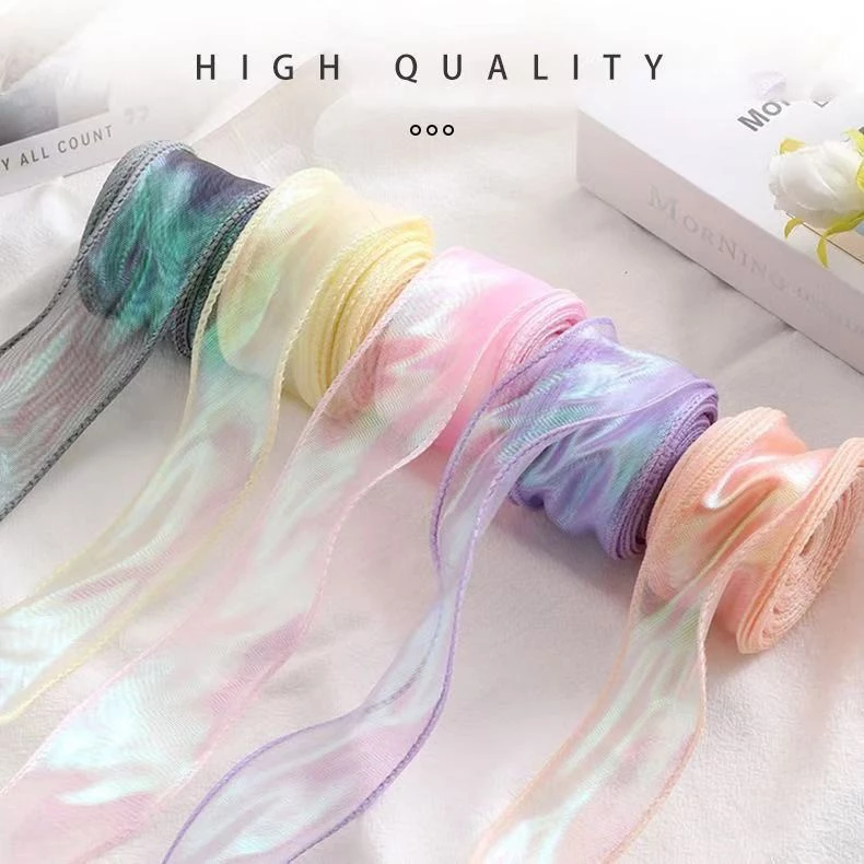 ริบบิ้นผ้าแก้วเกาหลี Iridescent Fishtail ผ้าชีฟอง สไตล์โรแมนติก สําหรับตกแต่งงานแต่งงาน งานวันเกิด วันวาเลนไทน์