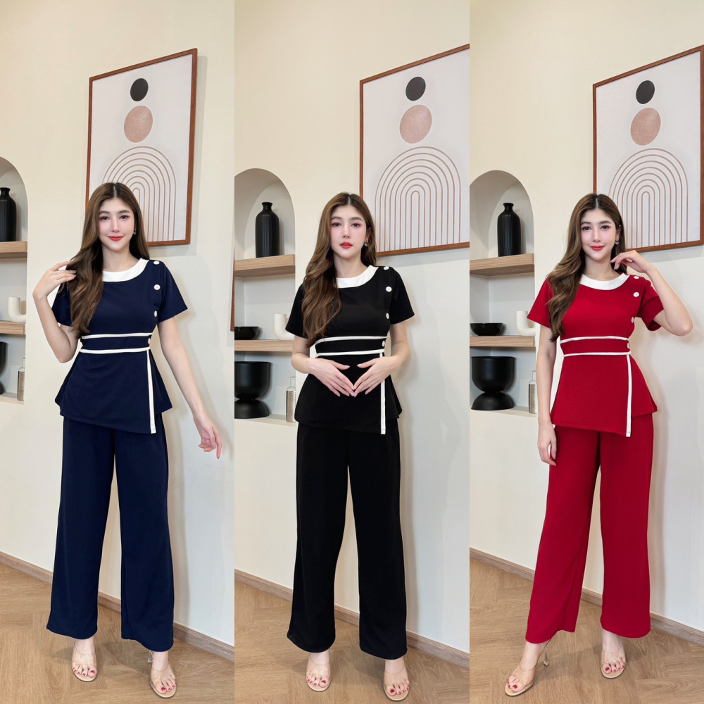 ชุดเซตยาวทรูโทนผ้าวูลเวฟ เสื้อทรงยาวแต่งสาบข้างแต่งกระดุมเอวแต่งกุ้นผ่าข้างสม็อคหลัง+กางเกงเอวเรียบสม็อคหลังมีกระเป๋า A5