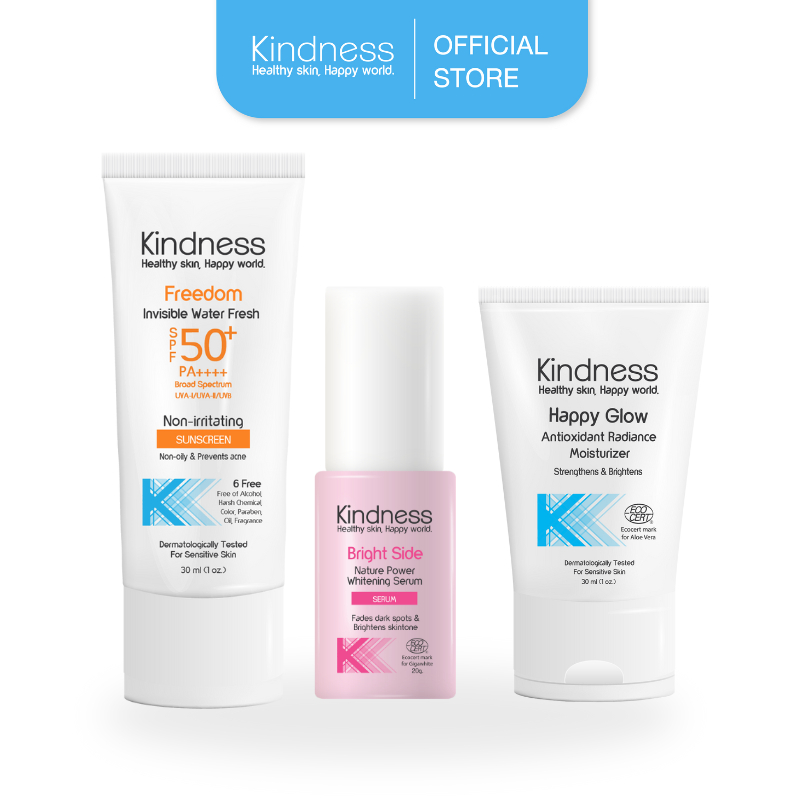 [เช็ตรวม] Kindness ครีมบำรุงผิวหน้า Happy Glow, ครีมกันแดด Freedom และ เซรั่มวิตามินซี Bright Side