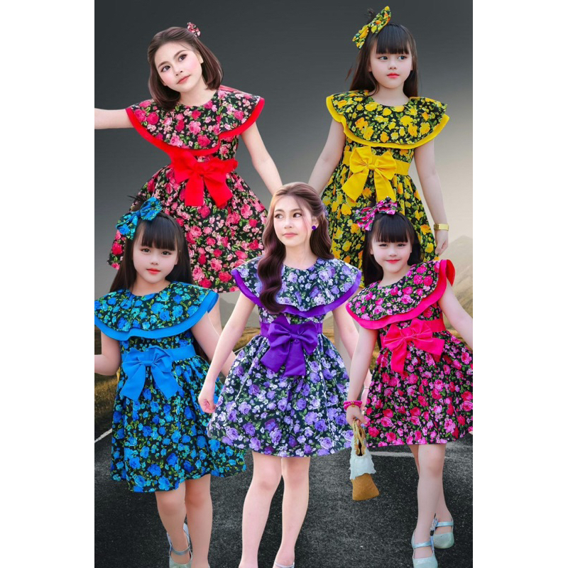 (รหัสAy)ชุดเดรสทองกวาวเด็กผู้หญิง ใส่ทำกิจกรรม ใส่ต้อนรับซัมเมอร์ เที่ยวทะเล น่ารักมาก