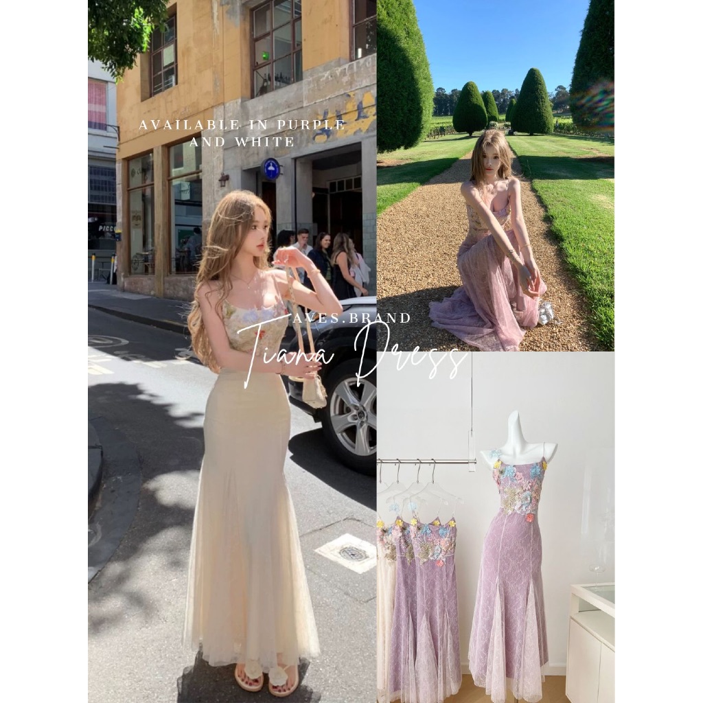 AVES.BRAND TIANA MAXIDRESS แมกซี่เดรสสายเดี่ยว แต่งดอกไม้
